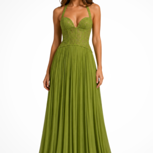 Arabesca | Women’s Halter Corset Pleated Maxi Dress In Olive Green