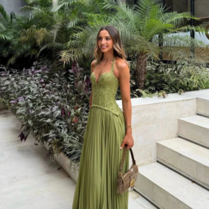 Alternative view of Arabesca | Women’s Halter Corset Pleated Maxi Dress In Olive Green
