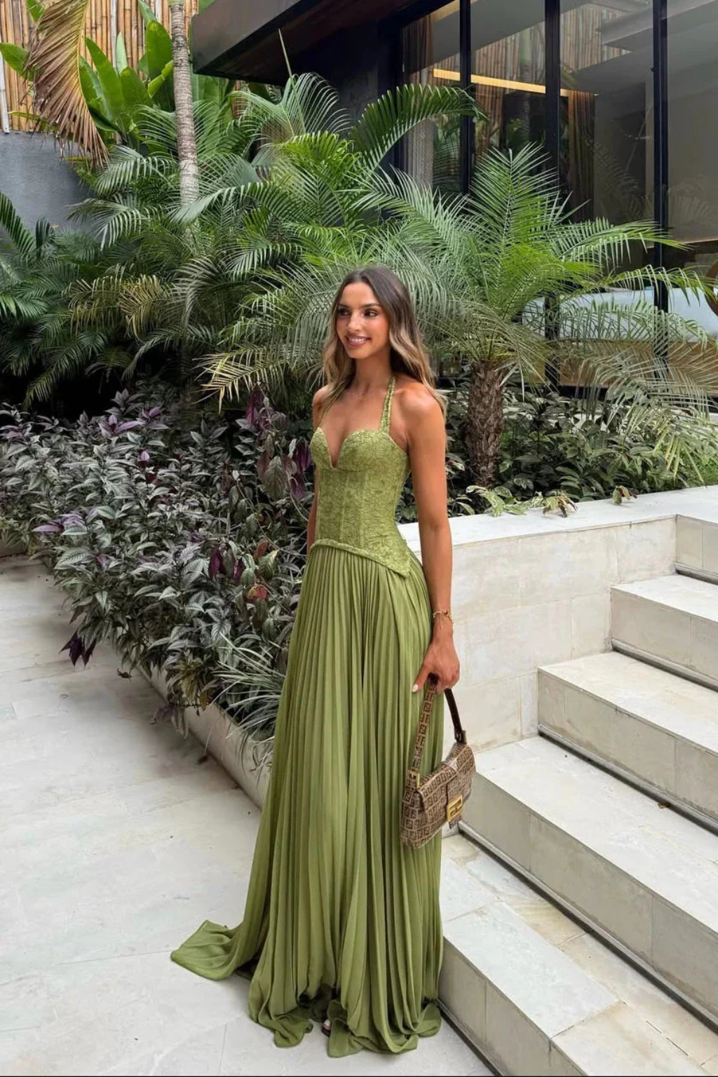 Arabesca | Women’s Halter Corset Pleated Maxi Dress In Olive Green - Image 2