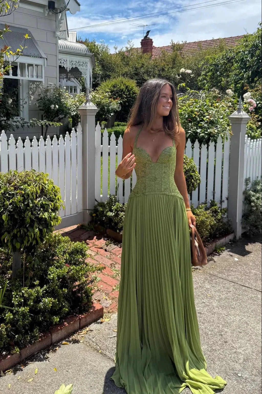 Arabesca | Women’s Halter Corset Pleated Maxi Dress In Olive Green - Image 3