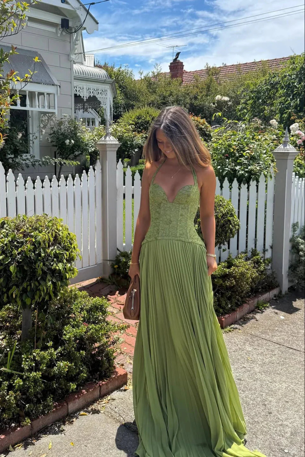 Arabesca | Women’s Halter Corset Pleated Maxi Dress In Olive Green - Image 4