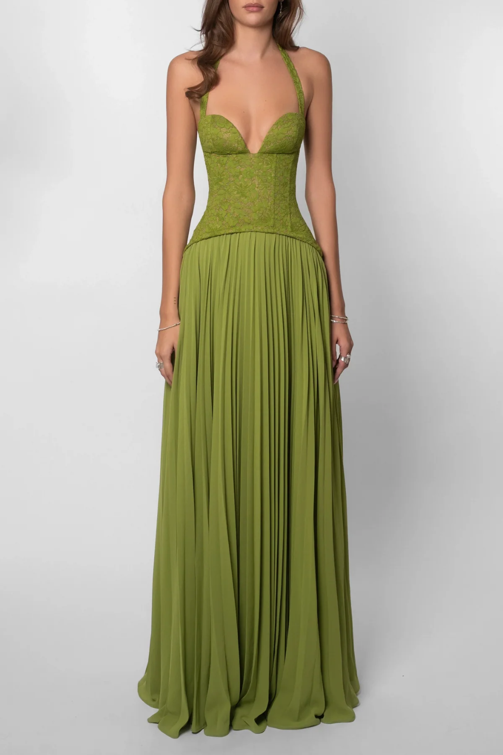 Arabesca | Women’s Halter Corset Pleated Maxi Dress In Olive Green - Image 5