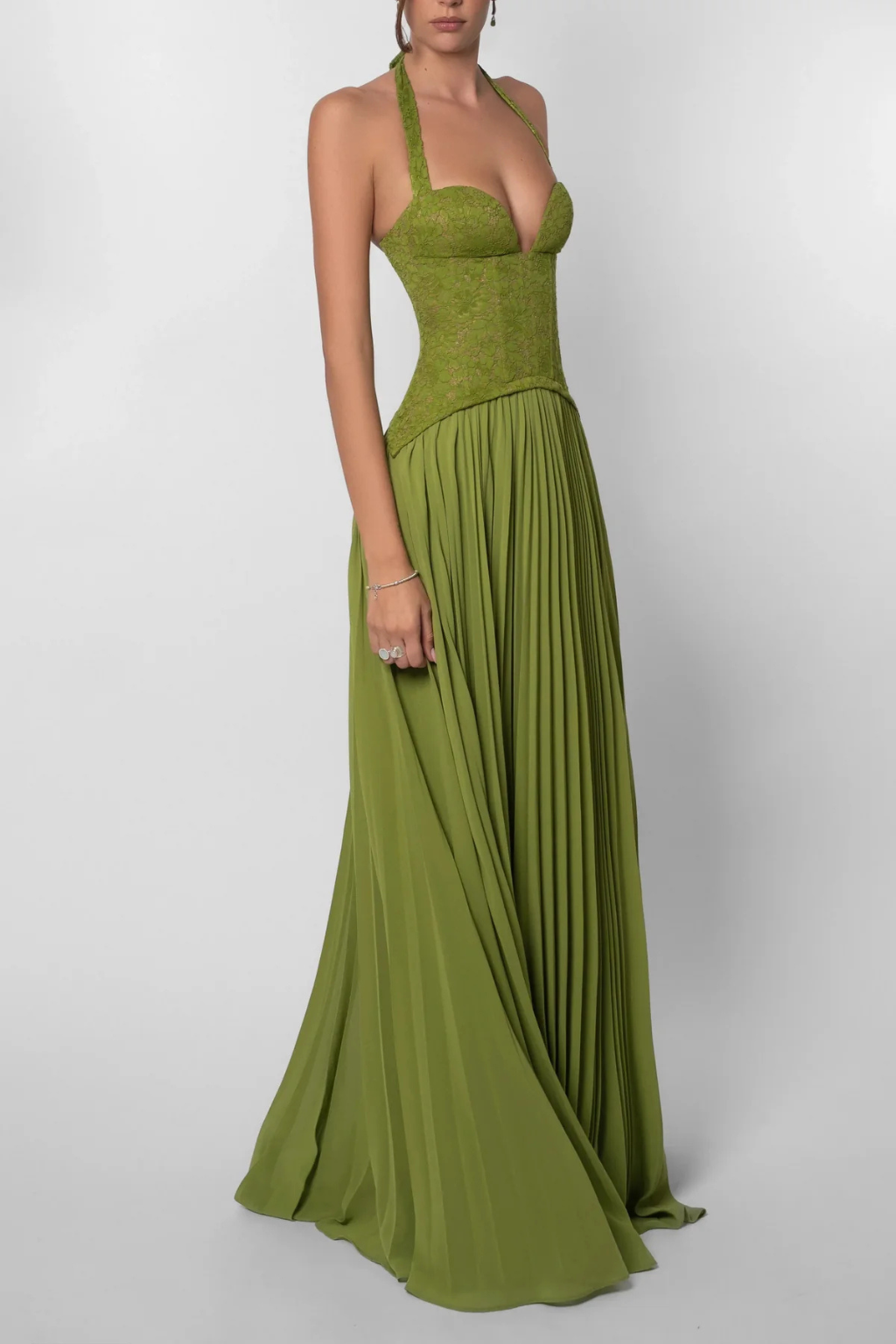 Arabesca | Women’s Halter Corset Pleated Maxi Dress In Olive Green - Image 6
