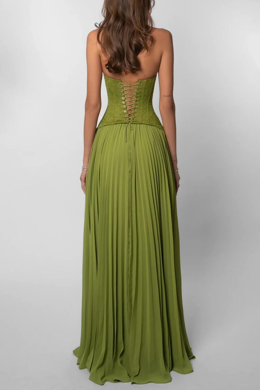 Arabesca | Women’s Halter Corset Pleated Maxi Dress In Olive Green - Image 7