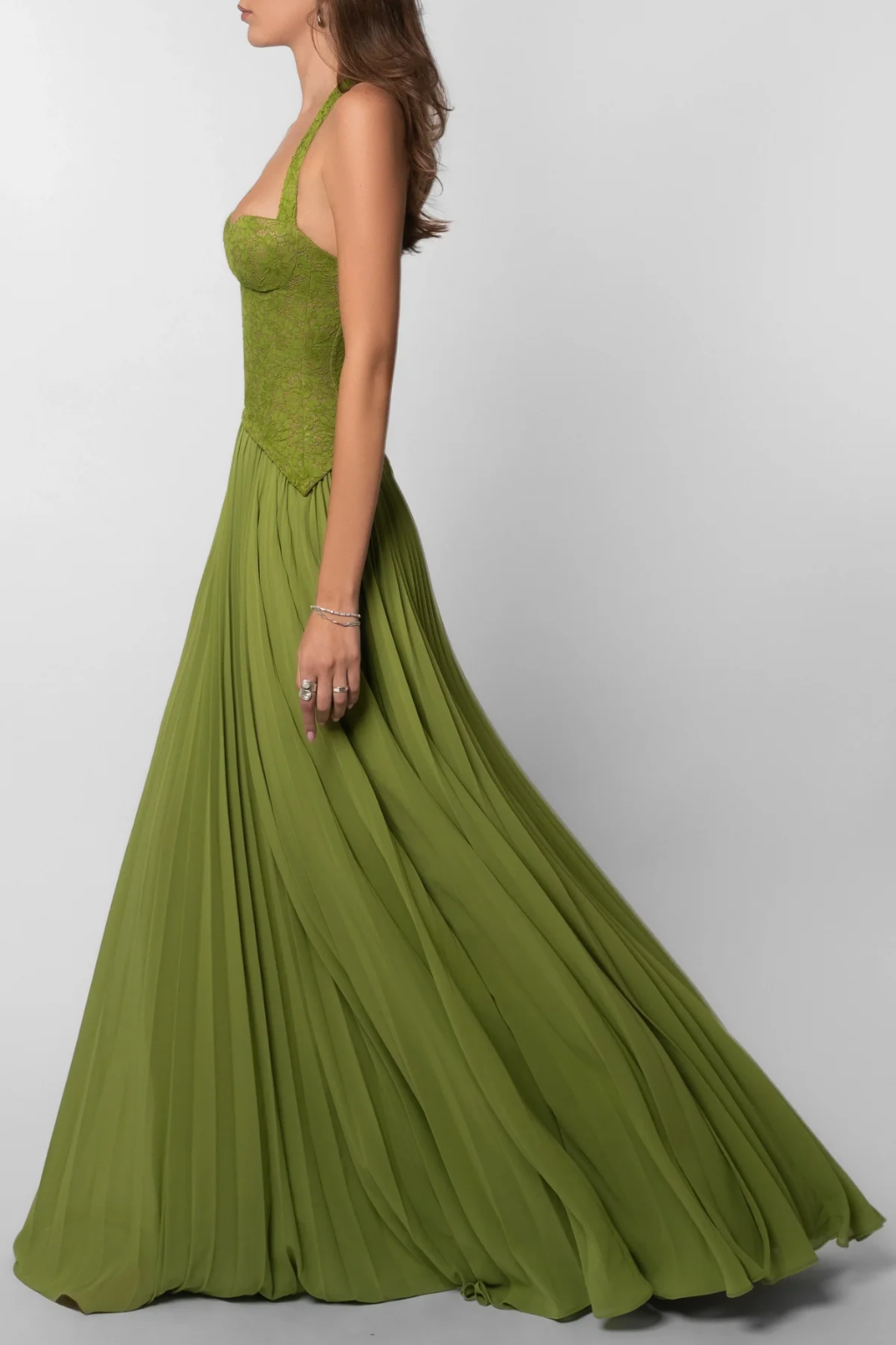 Arabesca | Women’s Halter Corset Pleated Maxi Dress In Olive Green - Image 8