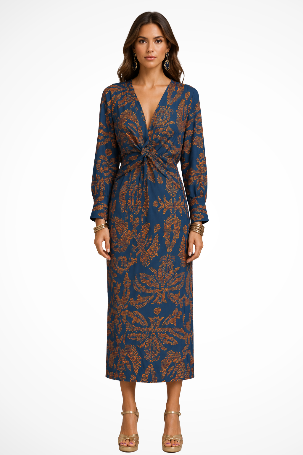 Valeriana | Women’s Elegant Printed Midi Dress With V-Neckline