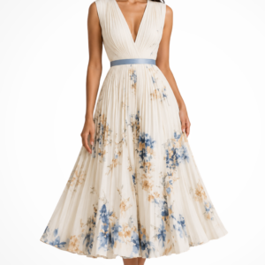 Maristella | Women’s Elegant Floral Midi Dress With Flared Skirt