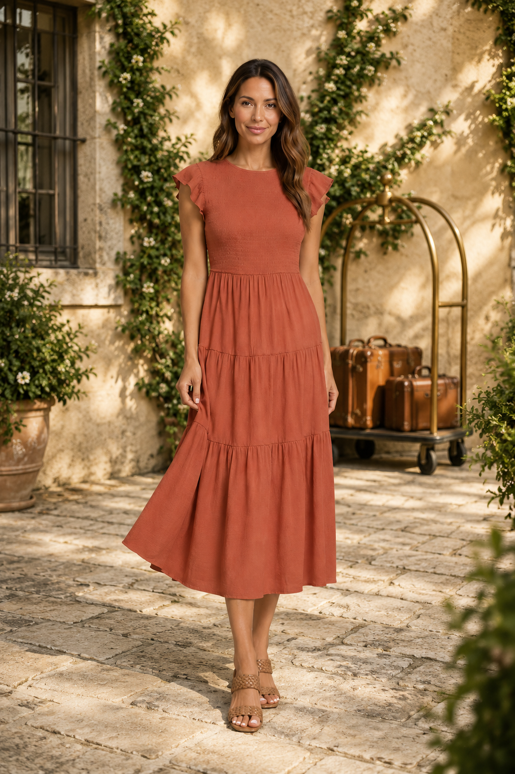 Marvelle | Women’s Tiered Midi Dress With Flutter Sleeves And Shirred Waist