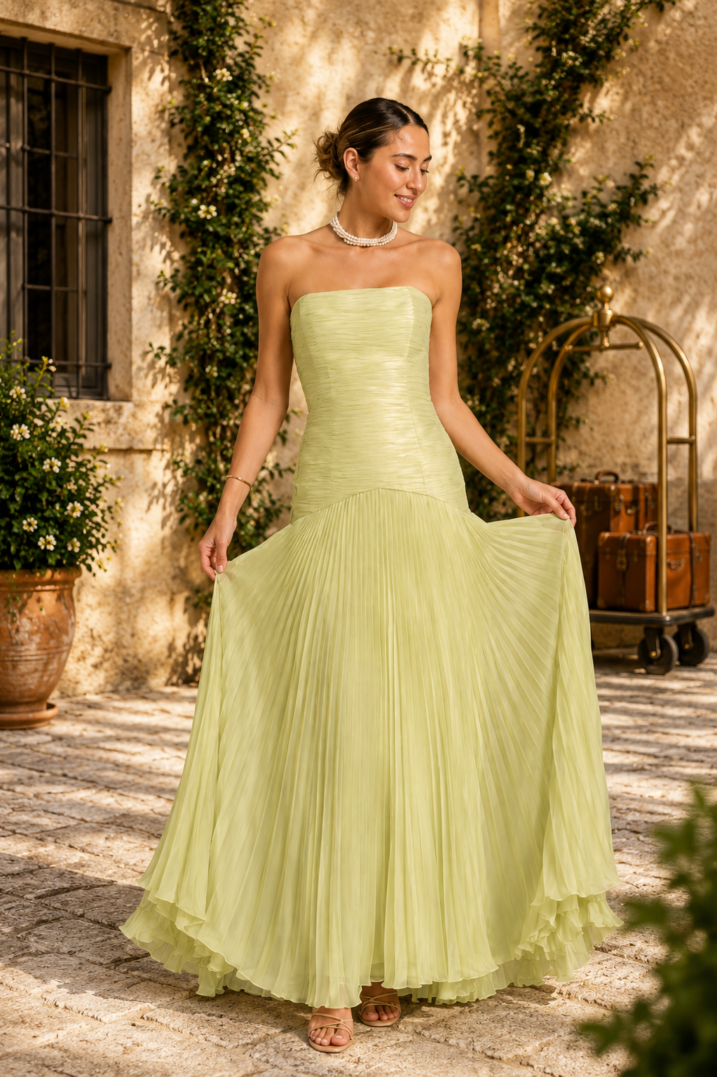 Celeste | Women’s Strapless Pleated Drop Waist Maxi Dress