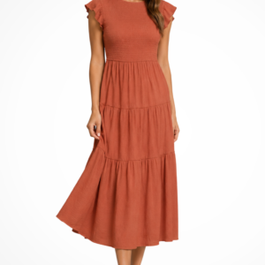 Marvelle | Women’s Tiered Midi Dress With Flutter Sleeves And Shirred Waist